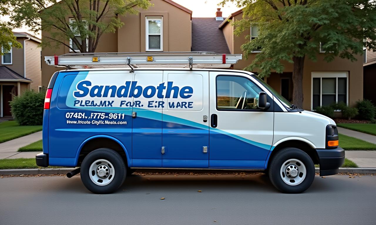 A clean and professional Sandbothe Plumbing service van parked in a Jefferson City neighborhood.