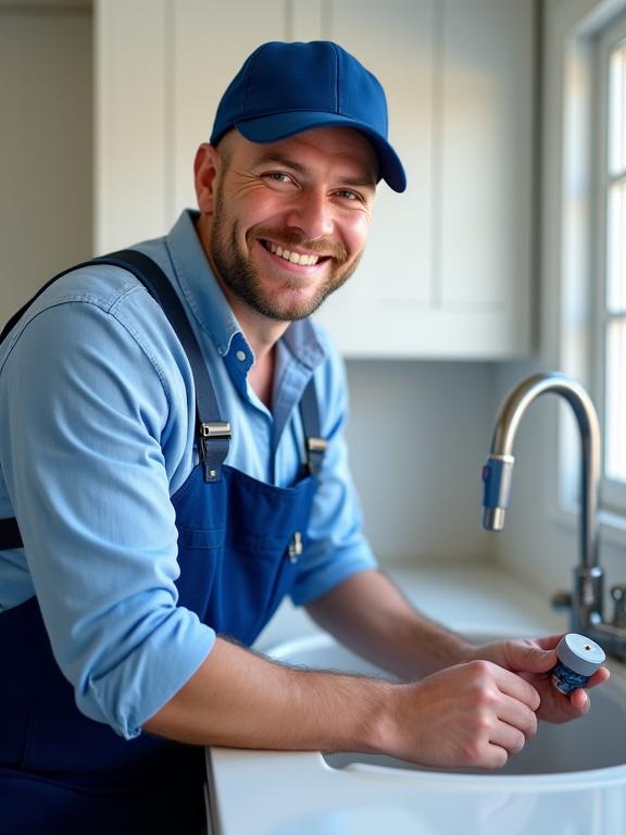 A friendly, professional plumber from Sandbothe Plumbing working on a sink, smiling at the camera.