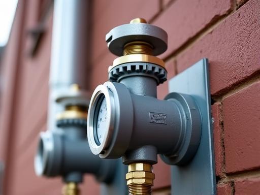 A commercial-grade backflow preventer assembly on the exterior of a building.