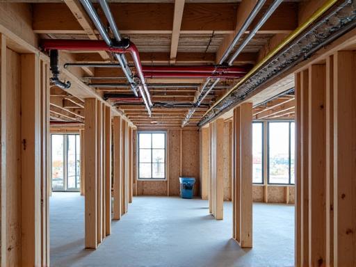 Exposed plumbing pipes during the construction phase of a commercial building.